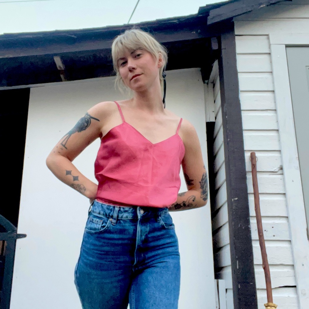 Satin pink camisole with lettuce edge